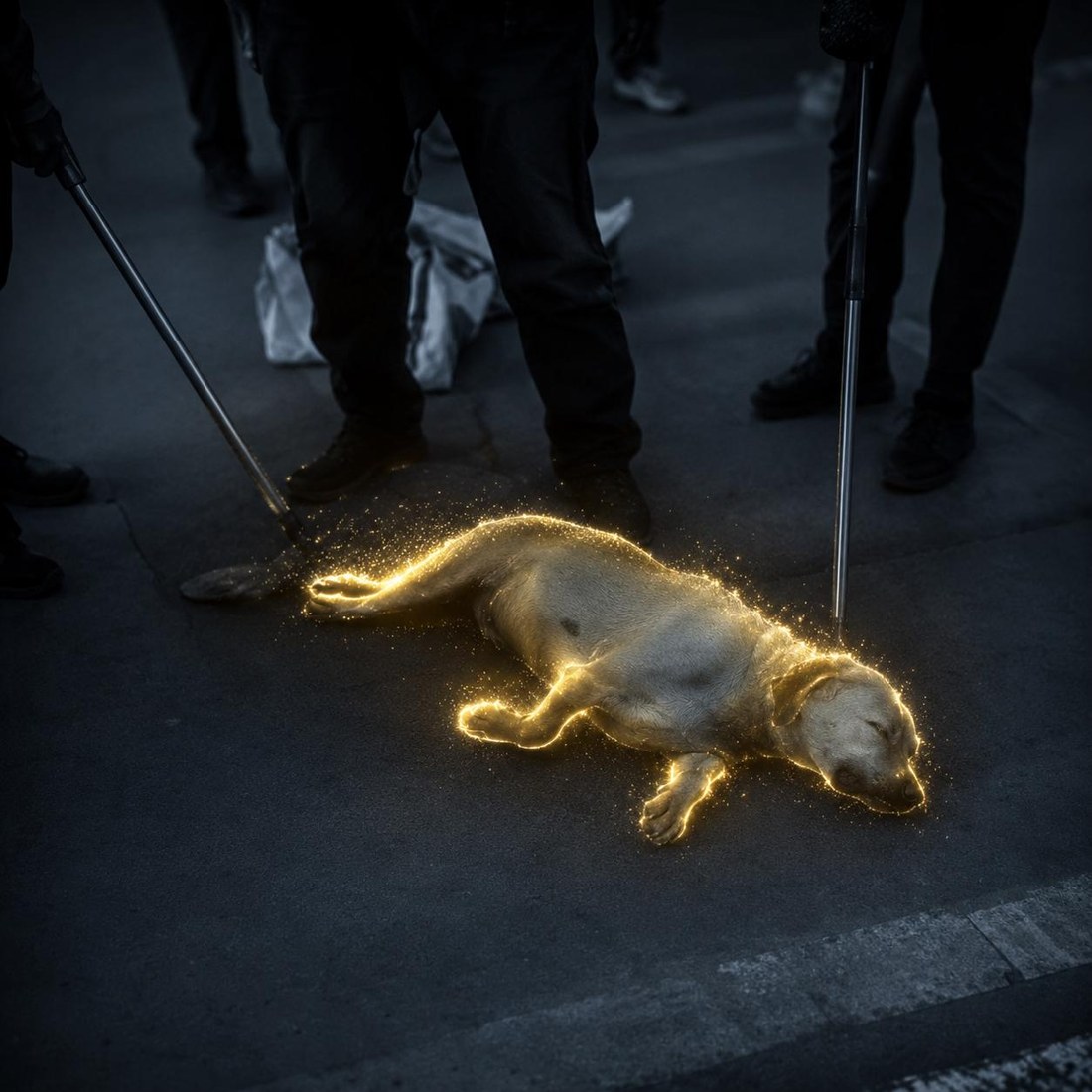 brownie, a light-coat community dog, lying on a delhi street, outlined with a soft golden aura
